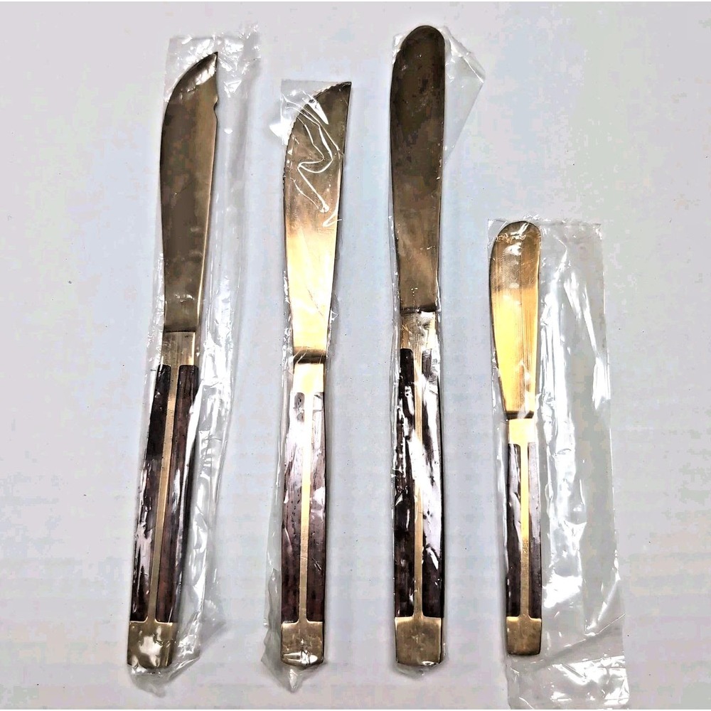 Vtg Jean Claude Brass Teak Flatware 64-Piece Incomplete Set 7 Serving Pcs & Box - Picture 6 of 16
